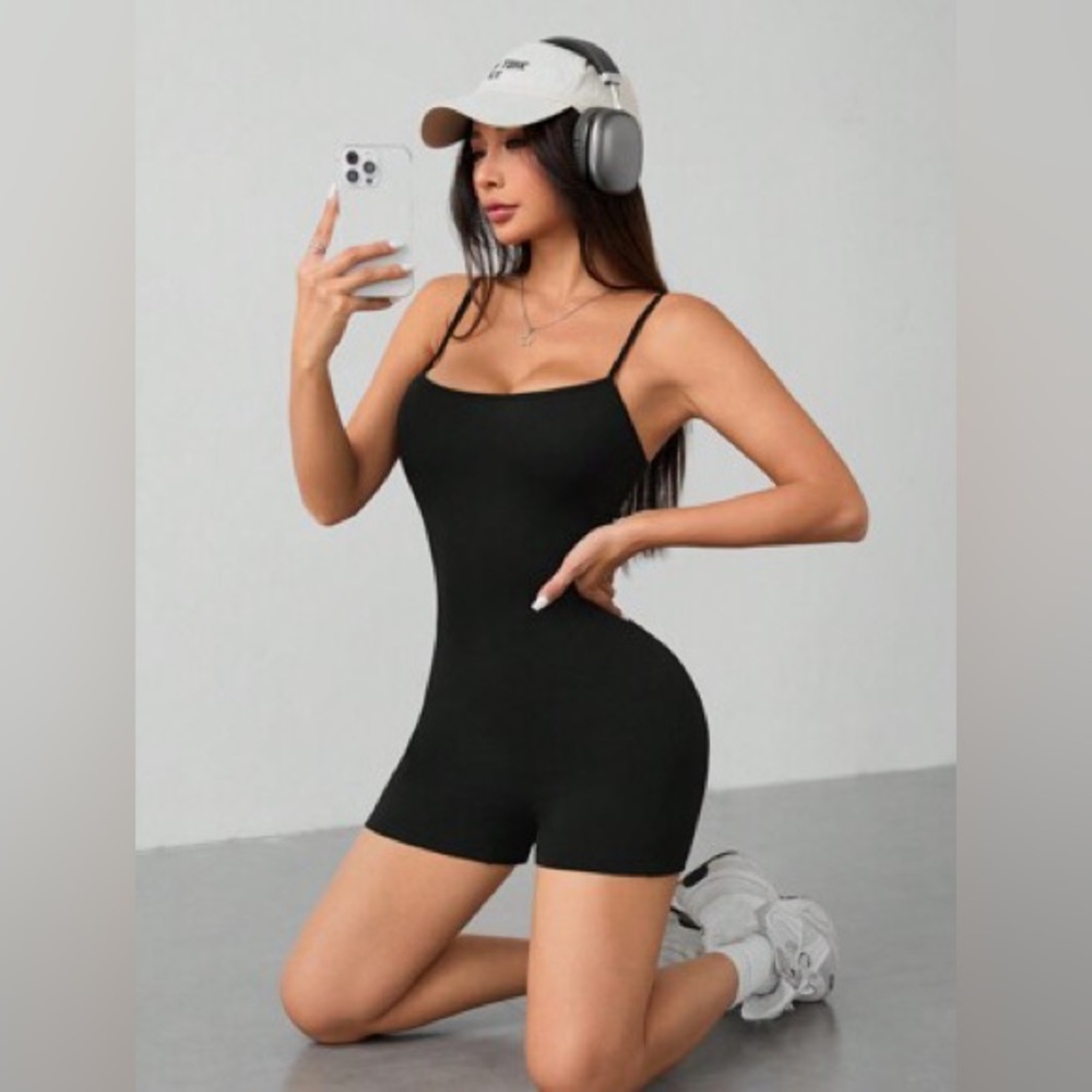 Black Ribbed Shorts Unitard One Piece